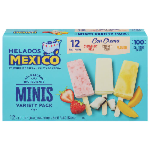 Helados Mexico Ice Cream Bars, Premium, Strawberry/Coconut/Mango, Minis, Variety Pack