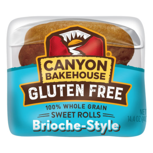 Let Canyon Bakehouse® Gluten Free Brioche-Style Sweet Rolls elevate your next meal with soft, pillowy texture and rich flavor. These 100% whole grain dinner rolls are certified gluten free without compromising taste or texture. Plus, they're free from allergens like dairy, nuts and soy so your whole family can enjoy the taste of fresh bakery rolls without hesitation. Find Canyon Bakehouse Brioche-Style Sweet Rolls in the fresh bread aisle and eat within five days of opening the inner bag. These Brioche-style rolls add a light and airy flare to sliders, French toast, snacks or as a hot side with dinner- the versatility is endless! Stock your pantry with all the Canyon Bakehouse gluten free products, including gluten free bagels, English muffins, hamburger buns and more.
For more than 10 years, Canyon Bakehouse has raised the bar on gluten free baking, making delicious offerings the whole family will enjoy — so everyone can Love Bread Again®.