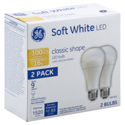 GE Light Bulb, LED, Soft White, 16 Watts, 2 Pack