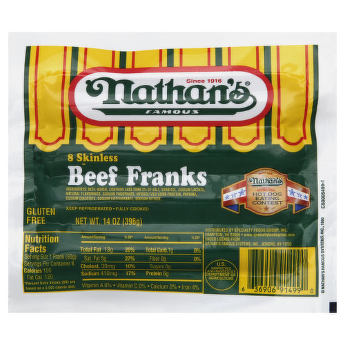 Since 1916. Fully cooked. Gluten free. Home of the International Hot Dog Eating Contest. www.specialtyfoodsgroup.com. US inspected and passed by Department of Agriculture.