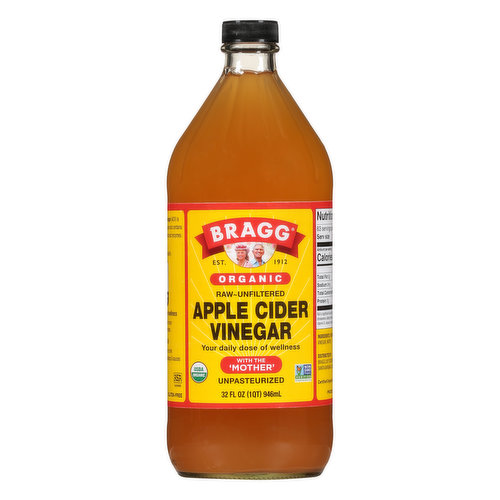 USDA Organic. Certified Organic by Organic Certifiers. Gluten-free. Non GMO Project verified. nongmoproject.org. Est. 192. Raw-unfiltered. Your daily dose of wellness with the mother. Unpasteurized. Bragg Organic Apple Cider Vinegar (ACV) is made from organically grown apples and contains the Mother, home of organic acids and enzymes. ACV for your daily dose of wellness. Diluted to 5% acidity. As a natural product, color & flavor may vary. www.bragg.com. Visit www.bragg.com for more health benefits and recipes. Protect our planet. Product of USA.
