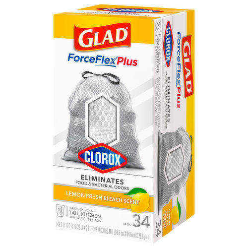 Glad ForceFlex Plus Tall Kitchen Bags, Drawstring, Lemon Fresh Bleach Scent - 34 bags