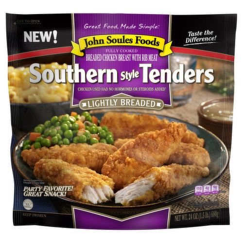 Breaded chicken breast with rib meat. Per Serving: 110 calories (6% DV); 4 total fat (6% DV); 9 g protein (7% DV). Inspected for wholesomeness by US department of agriculture. Chicken used had no hormones or steroids added (Federal regulations prohibit the use of hormones or steroids in poultry). Great food, made simple. Taste the difference! New! Fully cooked. Party favorite! Great snack! Resealable strip! Just peel off from edge and stick back on bag as indicated. The customer matters to us. At John Soules Foods our goal is to give you the best product we can make. We use premium white meat chicken, superior breading, flavorful blends of seasoning and sauces to deliver the quality you expect. It is important to use that all of our product are made with the same care you would make for your family. From our kitchen to yours, enjoy. Satisfaction Guarantee: If you are not completely satisfied with this product, we will refund your purchase at 1-800-338-4588. From our kitchen - to yours, enjoy! Try some of our great products. John Soules Foods makes flavorful grilled products that are easy and convenient for your family to prepare great, wholesomeness meals. We sell full line of fully cooked chicken and beef products that use no artificial ingredients, plus they're gluten free. Look in the frozen and refrigerated sections of your local grocery store. Enjoy! For great recipes - www.jsf4u.com/recipes. Let's get social! John Soules Foods visit us today. Facebook. Twitter. YouTube. Pinterest. Instagram. Google Plus.