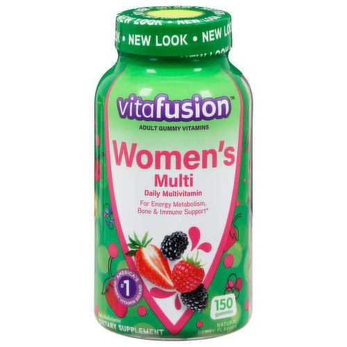 New look. Daily multivitamin. For energy metabolism, bone & immune support. No. 1 America's gummy vitamin brand. Vitafusion women's gummies are formulated to support the overall health and wellness of women. These little gummies pack a punch of essential vitamins, minerals, and natural fruit flavors that help support energy metabolism, bone & immune health. Go attack your day! No high fructose corn syrup. No dairy. No synthetic FD&C dyes. Our Commitment: Green-e: Certified renewable energy. Made with 100% certified renewable electricity. Growing communities with fruitful planting. We believe in holistic wellness and realize it's more than just taking vitamins. That's why we support the Fruit Tree Planting Foundation and together have planted more than 200,000 fruit trees in underserved communities. Join our mission vitafusion.com.