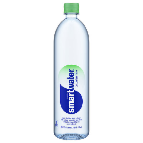 Vapor distilled water infused with natural cucumber lime flavor and other natural flavors. 0 calories per bottle. Unsweetened, natural flavors. www.drinksmartwater.com. Sip & scan. Open drinksmartwater.com on phone. Scan icon. Enjoy more. SmartLabel: Scan for more food information. For information, please contact glaceau: 1-877-Glaceu or www.drinksmartwater.com. Please recycle.