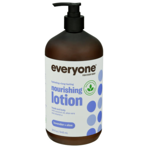 Certified gluten-free, GFCO.org. For every body. Hydrating + long-lasting. Hands and body with coconut oil, aloe vera and vitamin E. Made with plants. Pure essential oils. Real good stuff inside! We say no to fake fragrances, dyes and fillers. And yes to quality ingredients, plant extracts and zero-waste. Why? Because we believe in goodness, botanical body care that's better for you and the planet - that's good stuff everyone can enjoy. Smells like real lavender and aloe vera (Because it is!) Nope! No animal testing; no parabens, dyes, phthalates; no synthetic fragrance; no sketchy fillers; no harsh chemicals; no worries! Yep! Hypoallergenic+ dermatologist tested; plant extracts+ pure essential oils; zero-waste manufacturing; 100% recycled bottle; family-owned; made with love! Soak up the goodness with our multitasking 2in1 hand and body lotion. For your health. EWG verified. ewg.org. eoproducts.com. Follow us: Instagram: everyoneproducts. Certified B Corporation. No animal testing. Cruelty free.100% PCR please recycle. Made in the USA from domestic and globally sourced ingredients.