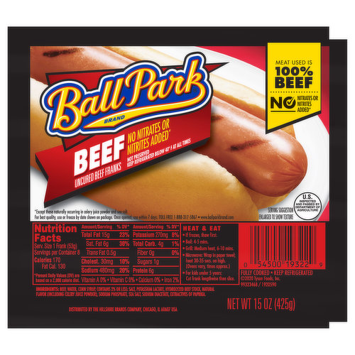 Ball Park Beef Hot Dogs are uncured and made with 100% beef. Ball Park all beef hot dogs are fully cooked, making lunch and dinner simple and easy. Heat and serve Ball Park hot dogs inside or on the grill for a quick, crowd pleasing meal. Top your beef franks with chili and cheese or keep it classic with ketchup and mustard. Keep these 100% beef hot dogs refrigerated.