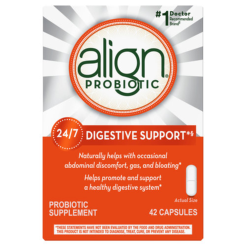 Probiotic Supplement. Gluten free. Soy free. Vegetarian. No. 1 doctor recommended brand (Among doctors who recommended a brand of probiotic in ProVoice 2018 survey). Digestive Support (with continued daily use). Naturally helps with occasional abdominal discomfort, gas, and bloating. Helps promote and support a healthy digestive system. Actual size. Developed by Gastroenterologists. Why use Probiotics? Common issues such as diet, changes in routine, travel, and stress may disrupt your natural balance of good bacteria. Why Use Align? Helps with occasional abdominal discomfort, gas, and bloating. No. 1 Doctor and No. 1 Gastroenterologist recommended probiotic brand (Among gastroenterologists who recommended a brand of probiotic in ProVoice 2008-2018 surveys). Align probiotic is the product of more than 10 years of scientific research and contains the pure-strain probiotic, bifidobacterium 35624. Fortifies the digestive system with healthy bacteria 24/7 (with continued daily use). Guaranteed potency. Money Back Guarantee: Procter & gamble stands behind our product. If you are not satisfied with align, simply return the UPC code from this package and your original sales receipt within 60 days of purchase for a full refund in the form of a prepaid card. Visit alignprobiotics.com/refund for details. AlignProbiotics.com. www.pg.com. Questions? 1-800-208-0112 or AlignProbiotics.com. (These statements have not been evaluated by the Food and Drug Administration. This product is not intended to diagnose, treat, cure, or prevent any disease.)