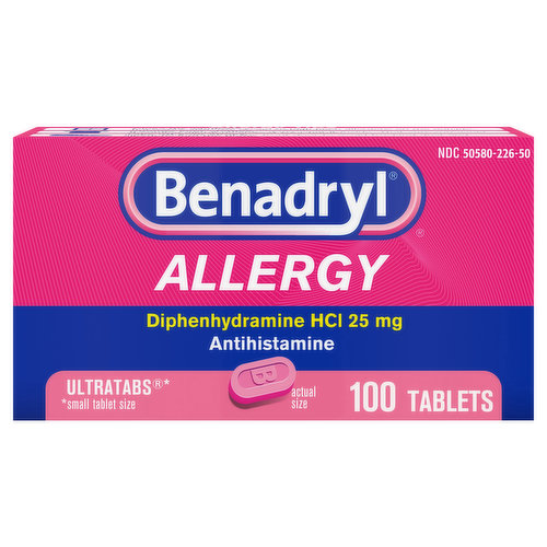 Other Information: Each tablet contains: calcium 20 mg Store between 20-25 degrees C (68-77 degrees F). Avoid high humidity. Protect from light. Do not use if carton is opened or canon tape and toil inner seal imprinted with Safety Seal are broken or missing. Diphenhydramine HCl 25 mg. Antihistamine. Ultratabs (small tablet size). Imortant: Read all product information before using. Keep this box for important information. benadryl.com. Questions or comments? Call 1-877-717-2824 (toll-free) or 215-273-8755 (collect) or visit www.benadryl.com.
