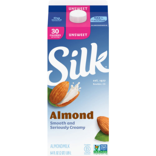 Treat yourself to this smooth and seriously creamy Silk Unsweet Almondmilk. Enjoy all of the taste with 0 grams of sugar per serving*. Made with three kinds of almonds grown by Mother Nature and picked at the peak of ripeness, this lactose free milk has a perfect mix of quality and flavor. Plus, its smooth flavor makes it an extraordinary tasting plant based milk that you can use throughout your day. It tastes great in a bowl of cereal or in your favorite smoothies. Every serving of this non dairy milk has Vitamin D to help support strong bones and 50% more calcium than dairy milk**. Silk Almondmilk is totally free of dairy, soy, lactose, gluten, casein, egg, and MSG. Looking for lactose free cooking or baking supplies? Silk Almondmilk makes an excellent addition to sauces and baked goods. Whether you’re making a bowl of healthy cereal, drinking straight out of a glass or enjoying a frothy coffee, trust Silk — the Original Plant Pioneer. Today Silk supports regenerative agriculture because we believe in the power of plants for people and the planet. It’s not just almondmilk, it’s Milk of the Land***. Read more about our story on our packaging. Enjoy all of the Silk products, including vegan milk, non dairy creamer and dairy free yogurt varieties. *See Nutrition Facts for sugar and calorie content. **Silk Almondmilk: 470mg of calcium per cup; reduced fat dairy milk: 309mg of calcium per cup. USDA FoodData central, 2022. ***From plants, not cows. Not nutritionally equivalent to dairy milk.