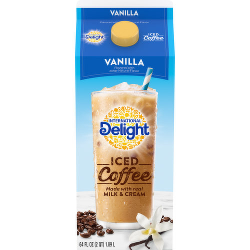 Flavored with other natural flavor. No artificial flavors. Contains caffeine. Made with real milk & cream. Coffee is our No. 1 ingredient. Flavor is our no. 1 obsession. Ultra-pasteurized. Proud member of The Danone Family. No corn syrup. No carrageenan. Feel the love or your money back! Call 1-800-441-3321 for full refund. Limit two refunds per household per year. Proof of purchase may be required. InternationalDelight.com. how2recycle.info. Feel free to thank us later. Let's socialize: Facebook. Pinterest. Twitter. Instagram. Give us a shout at (hashtag)CreamerNation. Some like it hot: Try our coffee creamers - in all your favorite flavors. FSC: Mix. There’s a moment of simple bliss in every sip of International Delight Vanilla Iced Coffee. Refreshing and ready to drink, this iced coffee offers a just-right balance of creaminess to coffee. It’s made with real milk, cream, and cane sugar for a delicious taste you won’t forget.For over thirty years, International Delight has been making the world a tastier place, one cup of coffee at a time. Our coffee creamers come in over twenty different delicious flavors, including fat- and sugar-free varieties, and we now offer a wide selection of iced coffees, as well. We believe that there’s an art to concocting the perfect cup of coffee, and we want every sip you take to be a masterpiece of flavor. Welcome to Creamer Nation.; For over thirty years, International Delight has been making the world a tastier place, one cup of coffee at a time. Our coffee creamers come in over twenty different delicious flavors, including fat- and sugar-free varieties, and we now offer a wide selection of iced coffees, as well. We believe that there’s an art to concocting the perfect cup of coffee, and we want every sip you take to be a masterpiece of flavor. Welcome to Creamer Nation.