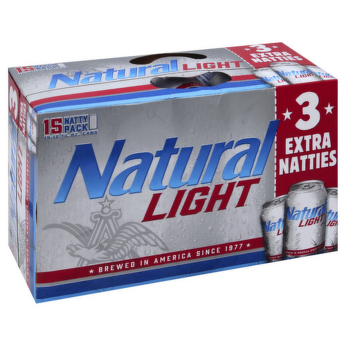 Brewed in America since 1977. 3 extra natties. For more information about our product and freshness guarantee, call 1-800-342-5283 or visit www.naturallight.com. Enjoy responsibly. Please recycle. tapintoyourbeer.com.