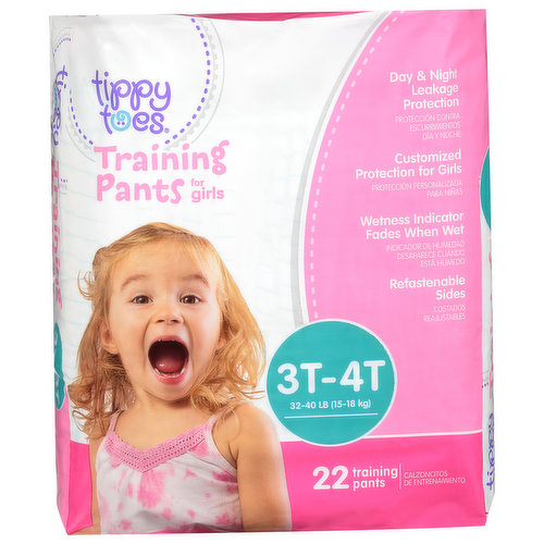 Day & night leakage protection. Customized protection for girls. Wetness indicator fades when wet. Refastenable side. Includes two fun designs. Cottony soft. Underwear-like fit. Breathable outer cover helps keep toddler's skin dry and healthy. Customized protection for girls. Stretch waist & sides for a comfortable fit. Qualified core helps channel away wetness.