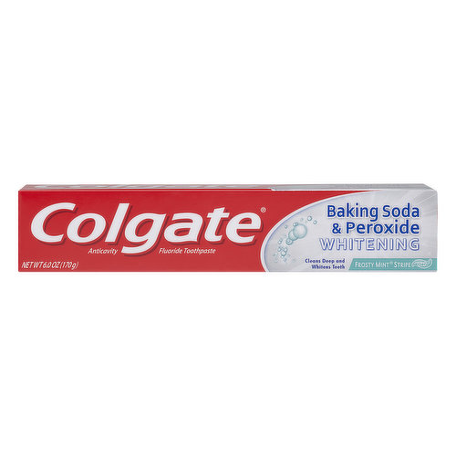 Acticavity flouride toothpaste. Gluten free. Baking soda & peroxide. Whitening. Cleans deep and whitens teeth. Releases pure oxygen bubbles for a clean fresh.. Deep cleaning action. Removes plaque & impurities. Whitens teeth. Turning off your water while brushing your teeth can save up to 4 gallons of water each time you brush! For Healthy Teeth: Brush your teeth at least twice a day. Floss daily. Visit your dentist regularly. www.coltage.com. www.colgate.com/savewater. Questions? 1-800-468-6502. Save water. www.colgate.com/savewater. Made in Mexico.