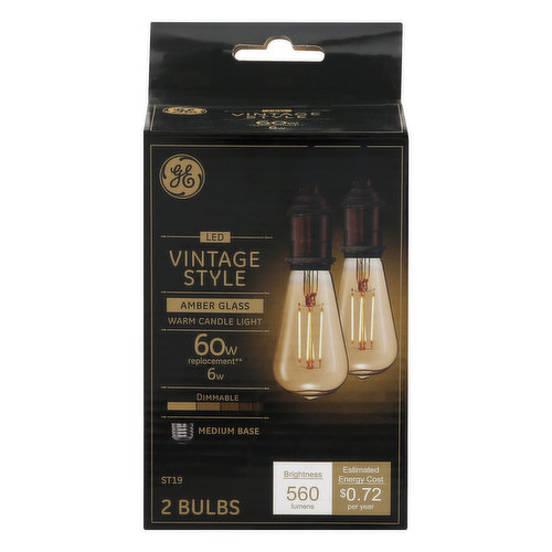 GE Light Bulbs, LED, Vintage Style, Amber Glass, 6 Watts, 2 Pack