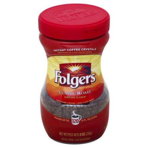 Makes up to 120 6 fl oz cups. 100% pure coffee. Awaken your senses with the rich aroma of Folgers Instant Coffee Crystals - with an easy-open flip top lid! Questions? 1-800-937-9745. www.folgers.com.