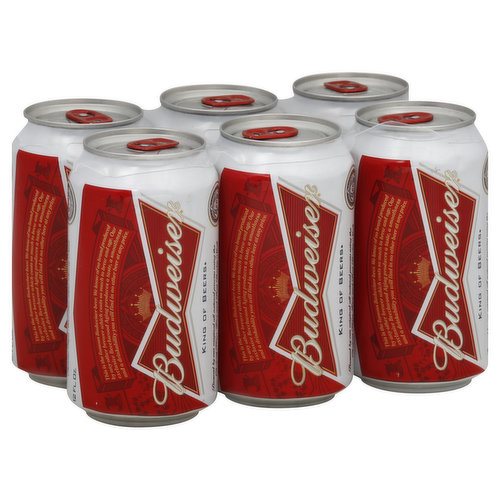 This is the famous Budweiser beer. We know of no brand produced by any other brewer which costs so much to brew and age. Our exclusive Beechwood Aging produces a taste, smoothness and a drinkability you will find in no other beer at any price. King of Beers. Brewed by our original all natural process using the choicest hops, rice and best barley malt. America, Australia, Europe, Africa, Asia. Questions/comments call 1-800-Dial-Bud (1-800-342-5283). Visit us at www.budweiser.com. Enjoy responsibly. Please recycle. Freshest taste within 110 days. See bottom for born on date. 5% alc/vol.