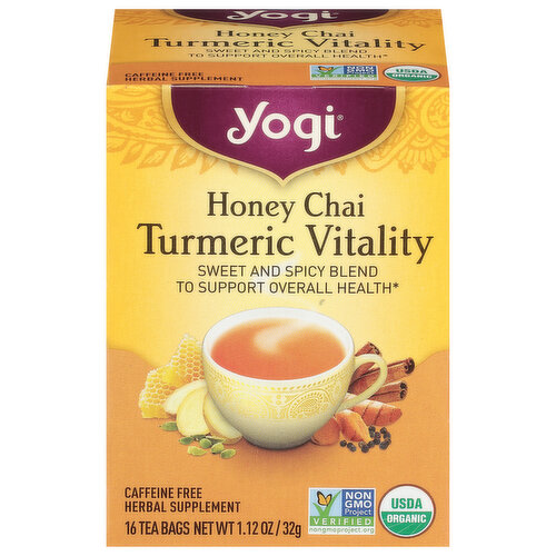 Yogi Herbal Supplement, Caffeine Free, Honey Chai, Turmeric Vitality, Tea Bags