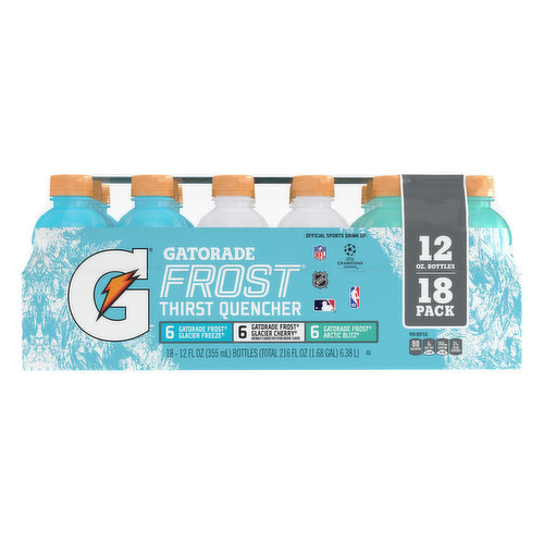 6 - Gatorade Frost Glazier Freeze. 6 - Gatorade Frost Glacier Cherry. 6 - Gatorade Frost Arctic Blitz. Gatorade Frost Glacier Cherry: Naturally flavored with other natural flavors. Per Bottle: 80 calories; 0g sat fat (0% DV); 160mg sodium (7% DV); 21g total sugars. gatorade.com. Comments? 1-800-884-2867 or visit gatorade.com. Official sports drink of: NFL. Champions league. NHL. NBA.