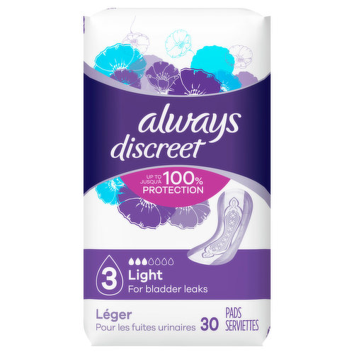Up to 100% protection. For bladder leaks. Lightly scented. Pant Size: S/P; 2 drips; 2 long spurts; 4 streams; 4 gushes; 5 full bladder. M: 2 drips; 3 spurts; 4 long streams; 5 long gushes; 6 long full bladder. L/G: 3 drips; 4 long spurts; 5 long streams; 6 long gushes; 7 long full bladder. XL+/TG+: 4 long drips; 5 long spurts; 6 long streams; 6 long gushes; 7 long full bladder. Ideal for day or night. www.pg.com. www.alwaysdiscreet.com. how2recycle.info. Questions? 1-855-206-8286; www.alwaysdiscreet.com. For more information about this product and its fragrance visit the product detail pages on our website www.alwaysdiscreet.com. FSA: Call your health care provider for details. Not available in Canada. Assembled in Canada.