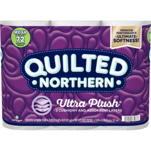 18 mega rolls = 72 regular rolls. Septic safe. 3 Cushiony and absorbent layers. Premium performance. Ultimate softness! Persnickety about the good life. Confession: We can be a little obsessive about all the tiny details that go into our products. After all, crafting Quilted Northern Ultra Plush to upgrade your bathroom experience matters. That's why it features: Three cushiony and absorbent layers for ultimate comfort that still offer a worry-free, septic-safe solution. Our patented technology that delivers the softness you want while cutting down on what you don't (lint!). 4X as many sheets. 1 Mega roll = 4 regular rolls. Flushable and septic safe for standard sewer and septic systems. Responsibly sourced, renewable materials that meet the standards of the Sustainable Forestry Initiative-so its good for the earth (www.quiltednorthern.com/sustainability). how2recycle.info. Sustainable Forestry Initiative: Certified Sourcing. www.sfiprogram.org.