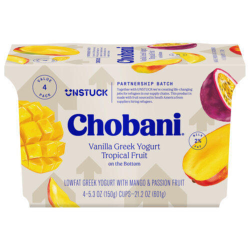 Chobani Yogurt, Low-Fat, Vanilla Greek, Tropical Fruit on the Bottom, 4 Value Pack