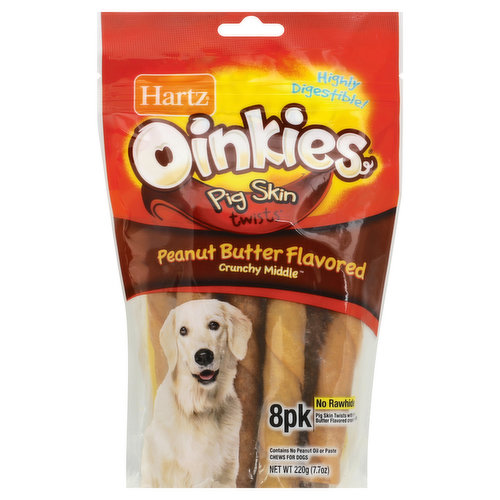 Pig skin twists with peanut butter flavored crunchy middle. Crunchy middle. Highly digestible! No rawhide. Contains no peanut oil or paste. Hartz Oinkies Pig Skin Twists Stuffed with Peanut Butter Flavored Crunchy Middle are oven baked treats with a savory smoked pig skin stuffed with crunchy peanut butter flavored center for flavor through and through! As with all chewing products, supervise your dog when giving this treat. 100% rawhide free. Highly digestible. Oven baked. Tasty long lasting fun. High in protein. Dogs will finish the entire treat. Follow Hartz on Facebook. Visit our website www.Hartz-Oinkies.com. Treated by irradiation. Made in China.