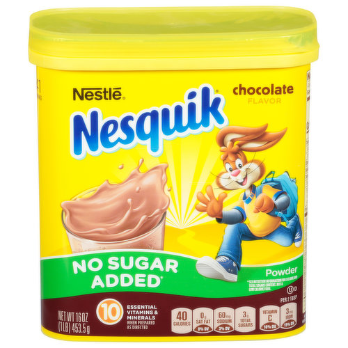 We have created Nesquik no sugar added just for you! The delicious taste you love with the nutrition of 10 essential vitamins and minerals when mixed with low fat vitamin A & D milk. 10 essential vitamins & minerals when prepared as directed. No high fructose corn syrup. 41 servings. Nestle Cocoa Plan: Supporting farmers for better chocolate. nestlecocoaplan.com.