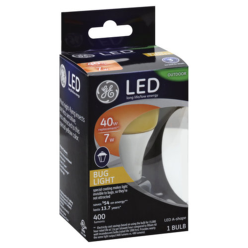 LED A-shape. LED - Long life/low energy. 40 W Replacement (Electricity cost savings based on using the bulb for 15,000 hour rated life at 11 cents per kilowatt hour compared to fifteen 40 watt incandescent bulbs (rated life 1000 hrs). Provides nearly the same light output (400 lumens vs. 490 lumens)). Special coating makes light invisible to bugs, so they're not attracted. Saves $54 on energy (Electricity cost savings based on using the bulb for 15,000 hour rated life at 11 cents per kilowatt hour compared to fifteen 40 watt incandescent bulbs (rated life 1000 hrs). Provides nearly the same light output (400 lumens vs. 490 lumens)). Lasts 13.7 years (Based on 3 hours use per day). 400 Lumens. Minimum starting temperature -20 degrees C. Most night-flying insects are less sensitive, less attracted to this special yellow color. Product Features: Worry-free use and disposal; mercury free; yellow light. Product Specifications: Bug light; standard bulb shape; outdoor use; medium base. Limited Warranty: Guaranteed to last 3 years based on rated life at 3 hours use per day at 120V. If this bulb does not last for 3 years (based on 3 hours per day/7 days per week) return bulb, proof of purchase and your name and address to GE Lighting, Product Service Dept., 1975 Noble Road, Cleveland, Ohio 44112. GE will replace your bulb. Bulb replacement is GE's sole warranty obligation, and incidental and consequential damages are excluded. Some states do not allow the exclusion or limitation of incidental or consequential damages, so the above exclusion may not apply to you. This warranty gives you specific legal rights and you may also have other rights which vary from location to location. UL listed - LED Lamp. Made in China.