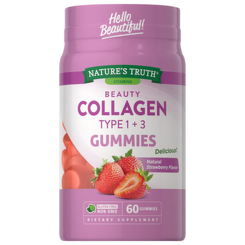 Feed your inner beauty with our delicious Collagen gummies! Our Collagen gummies are specially designed to boost your inner glow by providing you with two vitalizing Collagens – Type I and Type III. Bursting with a naturally delicious strawberry flavor, our Collagen gummies provide you with 120 mg of this powerhouse protein per serving. Not only do they taste delicious, but you’re also getting all the amazing benefits Collagen has to offer. Plus, with only 3 grams of sugar per serving of two gummies, you’ll feel great about adding them to your wellness routine.

At Nature’s Truth®, we know how important a clean wellness experience is for you. That is why we use only the best ingredients when it comes to crafting our Beauty Collagen Gummies. Our superior formula is Non-GMO, gluten free, dairy free, free of other common allergens, and created without any artificial flavors.  

†This statement has not been evaluated by the Food and Drug Administration. This product is not intended to diagnose, treat, cure or prevent any disease.
