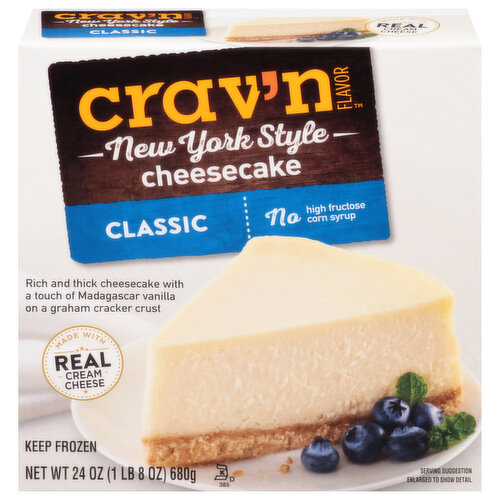 Get some Crav'n Flavor! Drift away with irresistibly rich and thick New York Style Cheesecake. Made with a touch of Madagascar vanilla and smooth sour cream, this legendary indulgence is nestled inside a buttery graham cracker crust. You're not dream'n - you're deliciously indulg'n. Awaken your taste buds to a delectable new reality with this sensational craving. It's serious satisfaction. Please recycle.