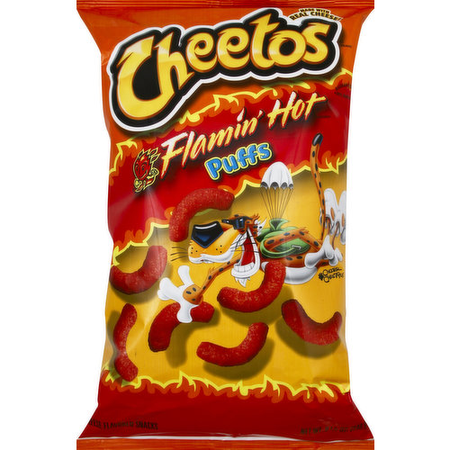Made with real cheese! Questions or comments? 1-800-352-4477. Weekdays 9:00am to 4:30 pm central time. Guaranteed fresh until printed date or this snack's on us. Gluten free. Visit our website at fritolay.com. What's a Serving? For a snack that hits the spot - munch on 13 Cheetos' brand Flamin' Hot flavored Puffs snacks! What more can you do with 13 Cheetos snacks? Eat 12 now, save one behind your ear to snack on later. Connect with Chester Cheetah: facebook.com/cheetos. Twitter at chestercheetah.