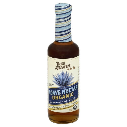 Real lime. Real agave. Real easy. Cocktail ready. For margaritas & other cocktails. Only 60 cal per serving. USDA organic. Tres Agaves Organic Cocktail-Ready Agave Nectar is a delicious, USDA certified organic, low-cal sweetener that comes from the same plant as Tequila, making it the essential Margarita ingredient. It's also balanced with just enough purified water so that it dissolves easily in all cold beverages, unlike other honey-like agave sweeteners. Agave: The essential margarita ingredients. Tres Agaves Organic Cocktail-Ready Agave Nectar perfectly complements the subtle flavors of Tequila. Organic agave. It has agave's distinctive clean, roasted taste, and provides a greater sweetness level per calorie than conventional sugars. Tres Agaves' agave nectar is the original nectar designed to improve all your cocktails by dissolving easily in cold beverages while maintaining a consistent sweetness level from one drink to the next. World-class margaritas are now within reach. Salud! www.tresagaves.com. Iced tea. Coffee. Oatmeal. Lemonade. Add a splash for sweetness. With our agave nectar, margaritas are just the beginning of the story. Fewer calories and a wonderful flavor make Tres Agaves Organic Cocktail-Ready Agave Nectar the finest sweetener available. Put it in your iced tea, coffee, oatmeal, lemonade or anywhere else you might otherwise use sugar! All natural. No alcohol. No high-fructose corn syrup. Makes over 12 margaritas. www.tresagaves.com. Certified organic by Oregon Tilth.