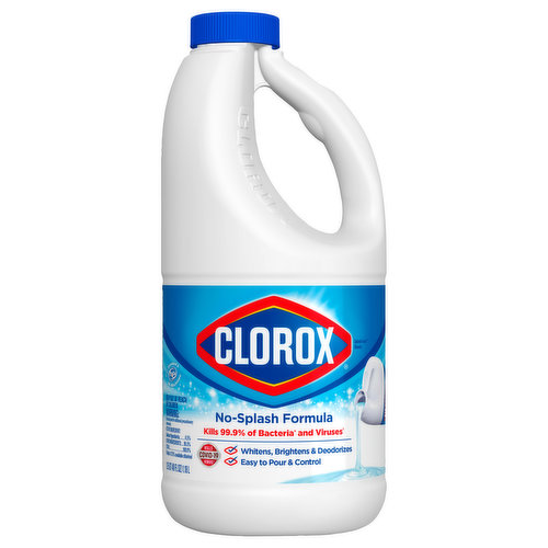 Clorox® Splash-Less® Bleach1 in a slimmed down version, is easy to handle and pour. With a thicker formula, this disinfecting bleach liquid delivers a controlled pour with less spilling and splashing. Concentrated formula kills 99.9% of bacteria and viruses for a powerful clean. Use as a laundry sanitizer that whitens, brightens, deodorizes and provides 10X deep cleaning benefits, removing tough stains from white clothing including red wine, grass, dirt and blood stains. America’s #1 bleach* disinfectant is perfect for getting some serious cleaning done without worrying about spills or splashes, so you can confidently clean household surfaces. It is safe for use in standard and HE washers. A little goes a long way with Clorox® Splash-Less Bleach. *Based on IRI MULO unit sales 52 weeks ending 12/29/19. Use as directed.