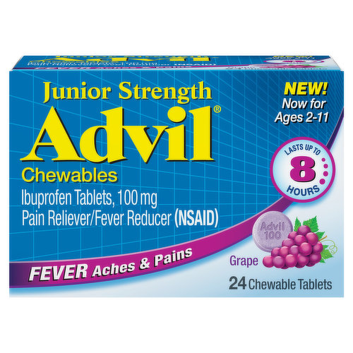 Nothing fights fever faster or longer* than Advil Junior Strength pain reliever and fever reducer. In just one dose, these kids ibuprofen chewables reduce fever and relieve minor aches and pains due to the common cold, headache or teething. Formulated for children ages 2 to 11 years, each junior strength Advil tablet contains ibuprofen 100mg, a pain medication that also controls fever. Just one dose of this children's ibuprofen pain relief medicine lasts up to eight hours, meaning few doses for your child throughout the day. Advil chewable kids pain medicine tablets are portable and easy for kids to take, no dosing cup or water needed. The medicine in Advil Junior Strength is the #1 pediatrician-recommended active ingredient in a fever reducer/pain reliever.
*Among non-prescription analgesics