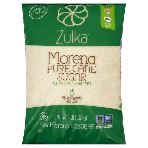All natural/great taste. Great in drinks. Recipe on back. Non GMO Project verified. nongmoproject.org. Bone char free. 1 cup Morena sugar = 1 cup white sugar. Easy roll bag & use a chip clip to seal. Zulka Morena is an unrefined, Non-GMO Project Verified pure cane sugar that is made by squeezing and evaporating the juice from freshly harvested sugar cane. The result is a golden sweet crystal that tastes like biting into fresh sugar cane. Use Zulka Morena anytime you would use granulated sugar. For more recipes, visit us on Facebook. Instagram. Facebook. Pinterest. Twitter. ZulkaSugar. www.zulka.com. Product of Mexico.