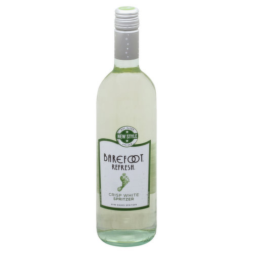 Wine based spritzer. New style. Wine product. barefootwine.com. Alc. 5.5% by vol. Bottled by E.&J. Gallo Winery, Modesto, CA 95354.
