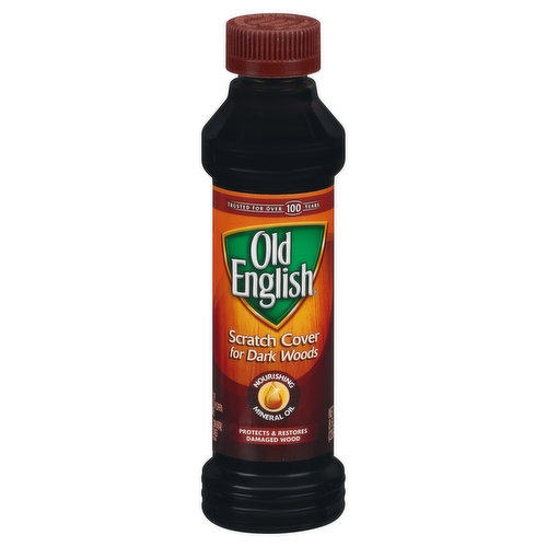 Trusted for over 100 years. Nourishing mineral oil. Protects & restores damaged wood. Covers nicks and scratches! Helps restore damaged wood surfaces! Hides unsightly scratches and tricks! For use on darker color woods only! Old English Scratch Cover for dark woods is specially formulated! to work on all medium to dark wood surfaces throughout your home (For light to medium color woods use Old English Scratch Cover for light woods), Including kitchen cabinets, wood furniture and wood paneling! Health. Hygiene. Home. www.rbnainfo.com.www.rb.com. Questions? 1-800-228-4722. For more ingredient information visit www.rbnainfo.com. Old English also available in: Aerosol! For everyday cleaning and protection. Oil! Conditions and Protects.