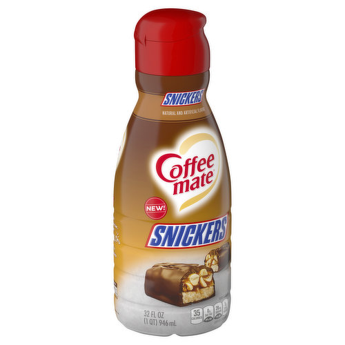 Natural and artificial flavor. Per 1 Tbsp: 35 calories; 0 g sat fat (0% DV); 20 mg sodium (1% DV); 5 g total sugars. New! Satisfied? You're about to be. Because when it comes to satisfaction, nobody does it like Snickers. And when it comes to creamer, nobody does it like Coffee Mate. It's a match made in peanut caramel chocolate coffee heaven. Non-dairy. Lactose-free. Cholesterol-free. Gluten-free. Nutritional Compass: Nestle - Good food, good life. Thoughtful Portion: 1 tbsp=35 cal. Use in moderation for your perfect cup. Good to Connect: Visit: coffeemate.com. Call/text: 800-637-8534. SmartLabel: Scan for more food information. how2recycle.info.