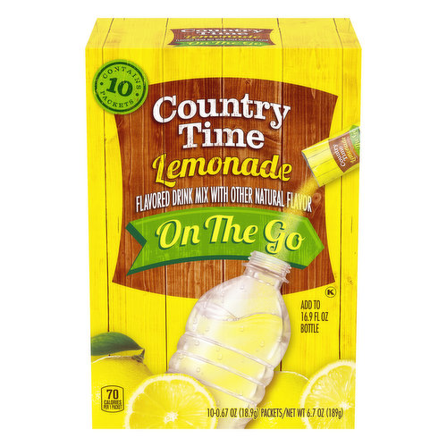 Flavored drink mix with other natural flavor. 70 calories per 1 packet. Caffeine free. Contains 10 packets. Contains 10 packets. Now it's even easier to enjoy the cool, refreshing taste of Country Time Lemonade with Country Time "On The Go" sticks. Take them with you wherever you go to experience lemonade with the perfect balance of sweet and tart, and enjoy one of life's simple pleasures. CountryTime.com. Visit us at: countrytime.com 1-800-431-1002. Please have package available. As the official lemonade of lemonade stands, Country Time is proud to sponsor Alex's Lemonade Stand Foundation. Together, we're working to cure childhood cancer one glass at a time. Alex’s lemonade stand. Foundation for Childhood Cancer. Learn more at CountryTime.com.