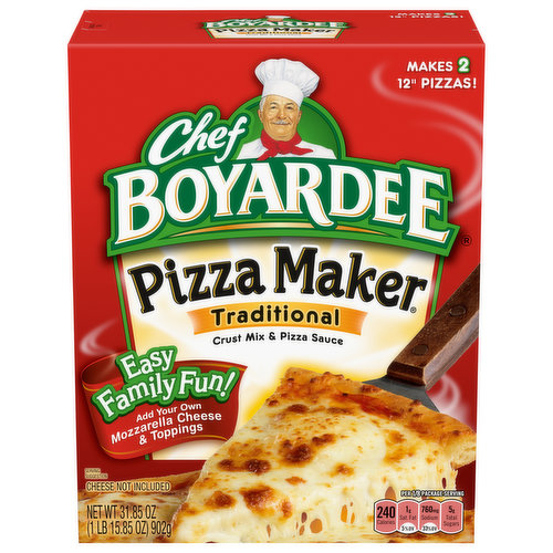 Makes 2 12 inch pizzas. Easy family fun! Add your own mozzarella cheese & toppings. Cheese not included. More pizza maker fun! Family fun is easy to make! Just add your favorite cheese, meat & vegetables to make pizza everyone will love.