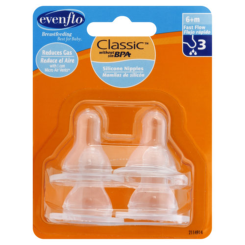 Evenflo Nipples, Silicone, Fast Flow 3, 6+ M