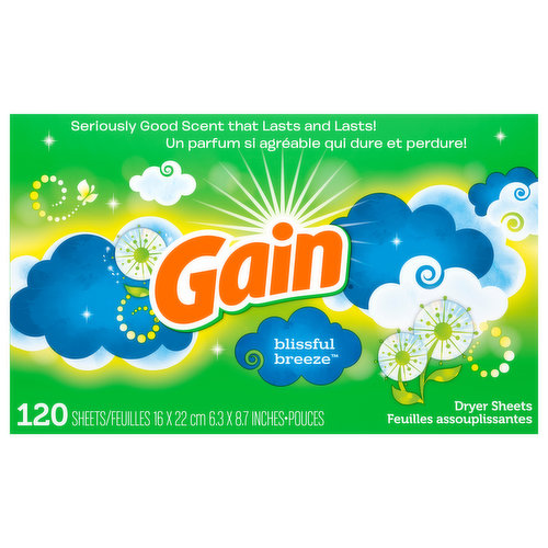 Let the smell of clean linen and fresh air brighten your day with Gain’s lightest and most refreshing scent, Blissful Breeze. Say see ya to static, hello there to softness, and walk out the door smelling like a breath of fresh air. You’ll be gone with the wind with this fresh smelling scent! Pure bliss.
Gain Dryer Sheets Blissful Breeze are the perfect complement to other products in our Blissful Breeze line, to keep your clothes so fresh and so clean.