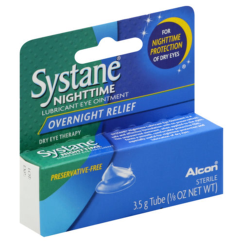 Other Information: store at 46 degrees -80 degrees F (8 degrees -27 degrees C). Misc: Preservative free. Dry eye therapy. For nighttime protection of dry eyes. Systane Nighttime Lubricant Eye Ointment is a safe and effective formulation with no preservatives. This unpreserved ointment, when applied to the eyes, forms a smooth, comfortable protective film, especially useful for nighttime protection and lubrication of dry eyes. Please read this carton carefully and keep for future reference. Questions? In the U.S., call 1-800-757-995 or visit www.systane.com. Made in Belium.