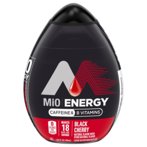 Natural flavor with other natural flavor. 0 calories per squeeze. 60 mg caffeine/serving. Caffeine & B vitamins. Makes 18 - 8 fl oz servings. kraftheinz.com. BPA free. MiO Energy Naturally Flavored Black Cherry Liquid Water Enhancer with Caffeine provides delicious black cherry flavor with a boost of caffeine and B vitamins. Just a squeeze will transform plain water into an instant cherry drink with the fruity flavor you love. Made with natural flavors, this black cherry water enhancer delivers 60 milligrams of caffeine per squeeze. It's packed in a travel sized 1.62 fluid ounce bottle you can take on the go, helping you stay awake and motivated no matter where life takes you. These black cherry flavor drops don't need to be refrigerated. Just one squeeze packs enough flavor for 8 fluid ounces. Whenever you're craving a fruity refreshment, turn your bottled water into a cool cherry drink for a delicious caffeine fix anytime, anywhere.