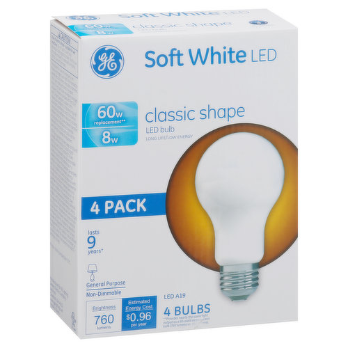 Brightness Quantity: 760 lumens. Energy Info: $0.96 based on 3 hrs/day, 11 cents/kWh. Cost depends on rates and use. 8 watts. Package Info: 4-Pack. 4. Bulb Info: LED. Screw. Bulb Life: 9.1 years based on 3 hrs/day. Bulb Appearance: 2700 k.