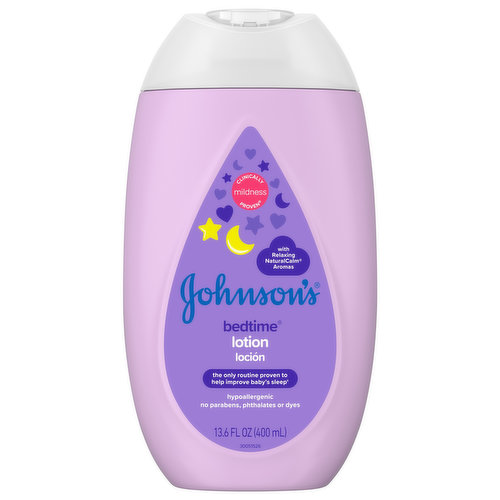 Gently nourish and moisturize your baby's delicate skin with Johnson's Mild Moisturizing Bedtime Baby Lotion with a new formula. This soothing baby lotion is formulated with the naturally derived ingredient coconut oil that nourishes skin to leave it feeling touchably soft and smooth. This hypoallergenic nighttime baby lotion is enhanced with calming and relaxing NaturalCalm aromas to help soothe baby before bed. This nourishing baby lotion is dermatologist- and pediatrician-tested, 100% gentle and free of dyes, parabens and phthalates. It is formulated to be gentle, never harsh on baby's delicate skin, leaving it feeling soft and smooth. Use Johnson's Bedtime Lotion in the evening as part of Johnson's clinically proven bedtime routine of warm bath, gentle massage, and quiet time. Routine developed and tested with baby sleep experts, this 3-step routine is clinically proven to help your baby fall asleep faster and stay asleep longer.