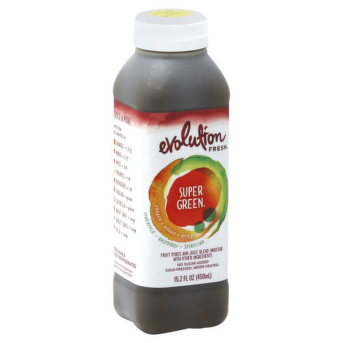 With other ingredients. Orange. Mango. Apple. Pineapple. Raspberry. Spirulina. No sugar added. Cold-pressed. Never heated. Juice & more. Made from the Goodness of: oranges = 1-2/5; mango = 2/3; apple = 3/4; pineapple = 1/6; raspberries = 28; spirulina = pinch; chlorella = pinch; wheat grass = snip; barley grass = snip; dulse = snip. We believe in following nature's lead. We're not taking credit for what's been perfected, just making it a little easier to get. You deserve to drink something you feel good about, because it makes you feel good. Here's to your vibrant energy - it's your time to thrive! - Jimmy, founder, Evolution Fresh. High-pressure processed. 100% juice. Not a low-calorie food. See nutrition facts for sugar and calorie content. evolutionfresh.com.