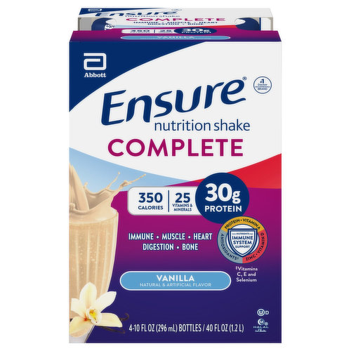 No. 1 doctor recommended brand. Complete, balanced nutrition for, energy, muscle, immune, heart, bone. Complete, balanced meal replacement. Immune: Excellent source of zinc, vitamin A, and antioxidants vitamin C, E, and selenium. Muscle: 30 g high-quality protein. Heart: Plant-based omega-3 ALA. Digestion: 4 g comfort fiber blend (Contains 8 g of total fat per serving), with prebiotic fiber. Bone: Vitamin D and calcium. Suitable or lactose intolerance. Not for people with galactosemia.