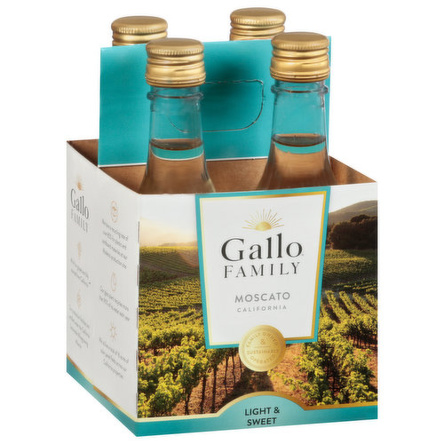 Family owned & sustainable operated. All of our grapes are full sourced from California. We utilize a total of 16 acres of solar panel fields across our California properties. At Gallo Family, we're deeply committed to leaving the world a better place than we found it-a mission that extgnds to all those who enjoy our delicious wines. When you buy Gallo Family wines, you're making a difference by supporting sustainability without paying a premium price. Our Moscato is bursting with delicious notes of peach, honey, and ripe citrus in a delightfully light style. 1933 Founded. We have a recycling rate of over 85% for plastic and cardboard materials at our Modesto production site. Our glass plant recycle more than 90% of its water each year. Our production facilities are certified under the California Sustainable Winegrowing Alliance.